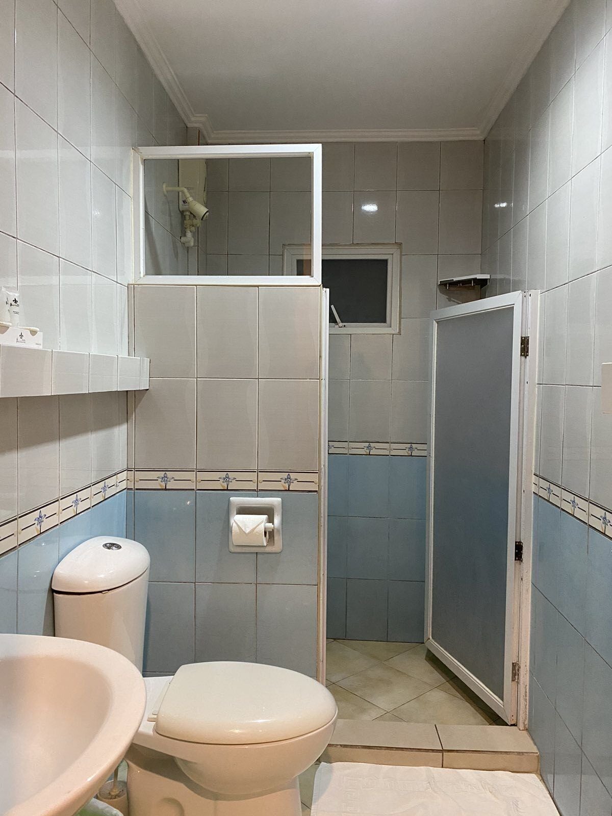Een kleine badkamer met toilet, wastafel en douche.