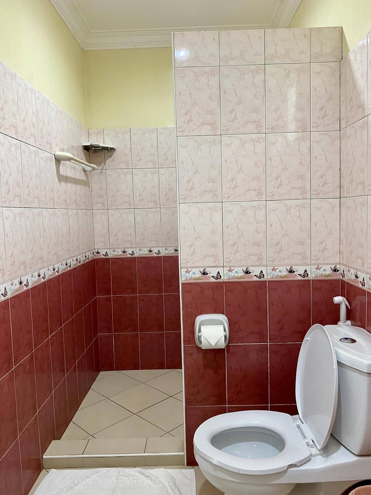 Een badkamer met een douche, toilet en handdroger.