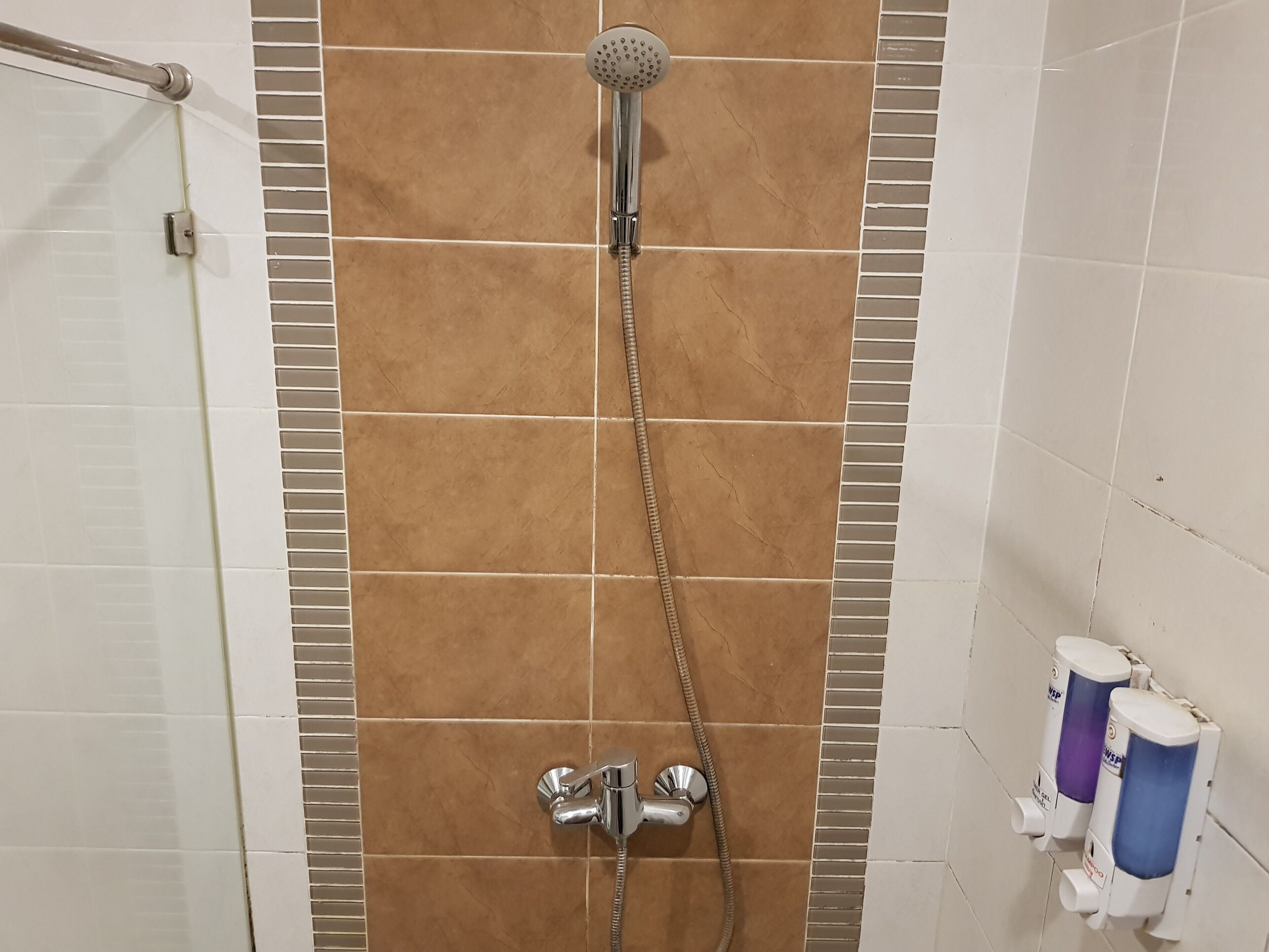 A shower with a handheld showerhead and a handheld faucet.