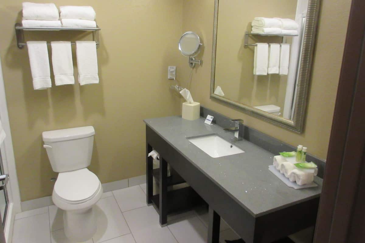 Une salle de bain équipée de toilettes, d’un lavabo, d’un miroir et d’un porte-serviettes.