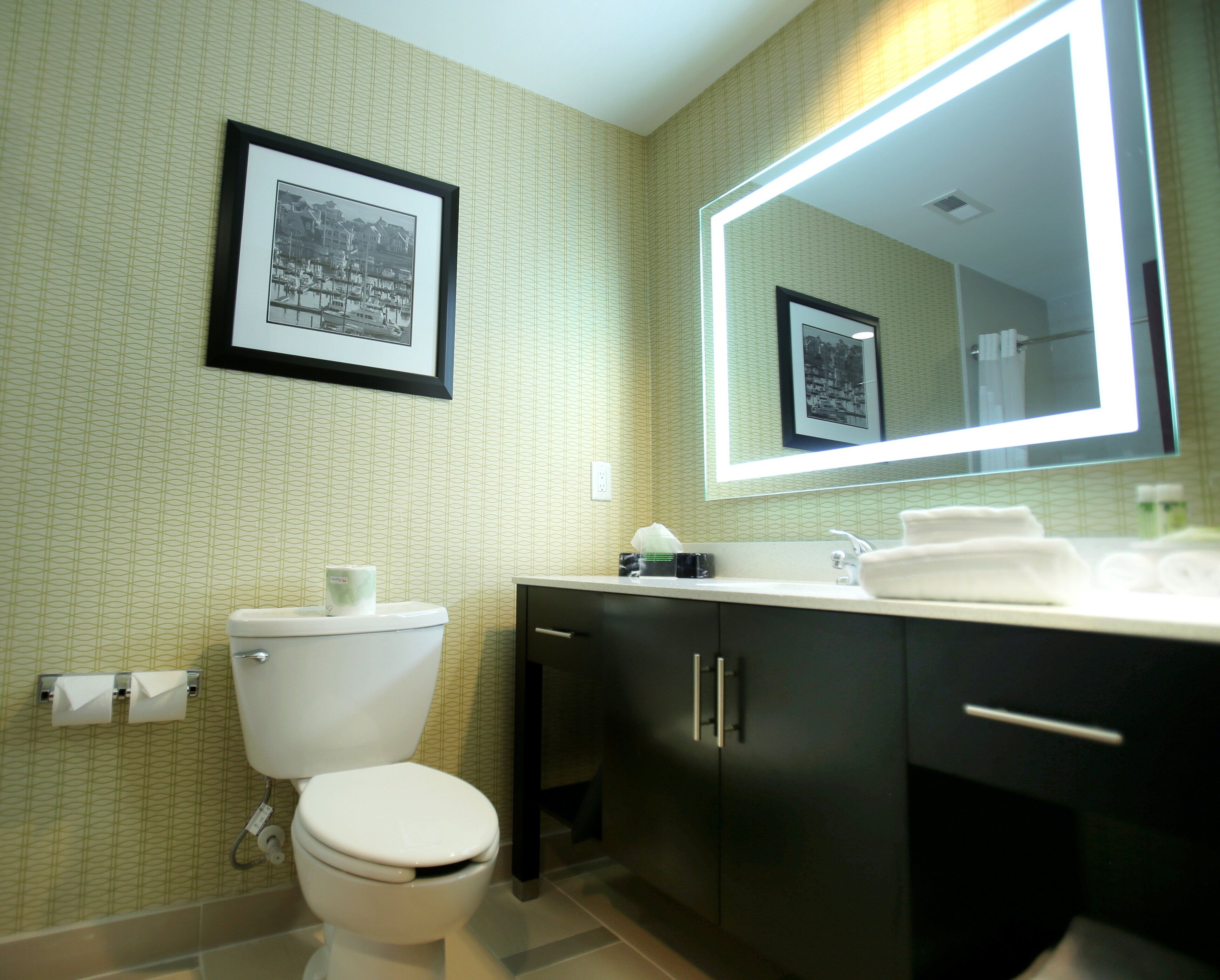 Un baño con inodoro, lavamanos, espejo y cuadros en la pared.