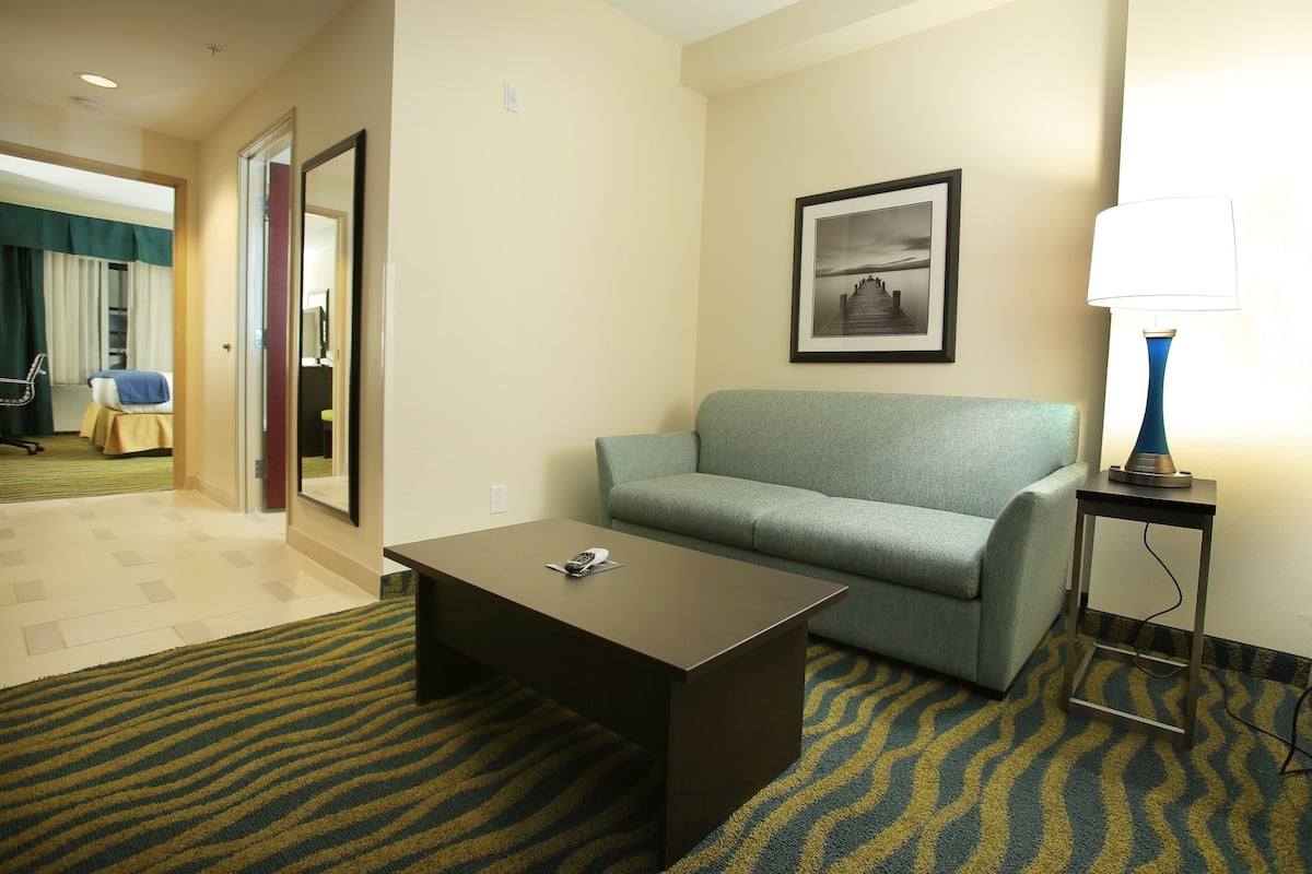 Une chambre d’hôtel avec un canapé, une table basse, une lampe, un tableau encadré au mur et un sol recouvert de moquette.