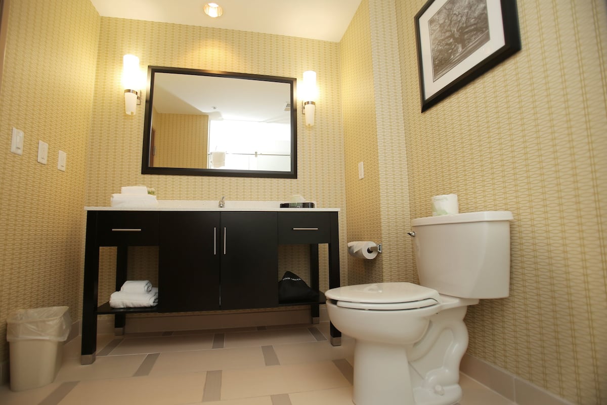 Une salle de bain équipée d’un lavabo, d’un miroir, de toilettes et d’une poubelle.