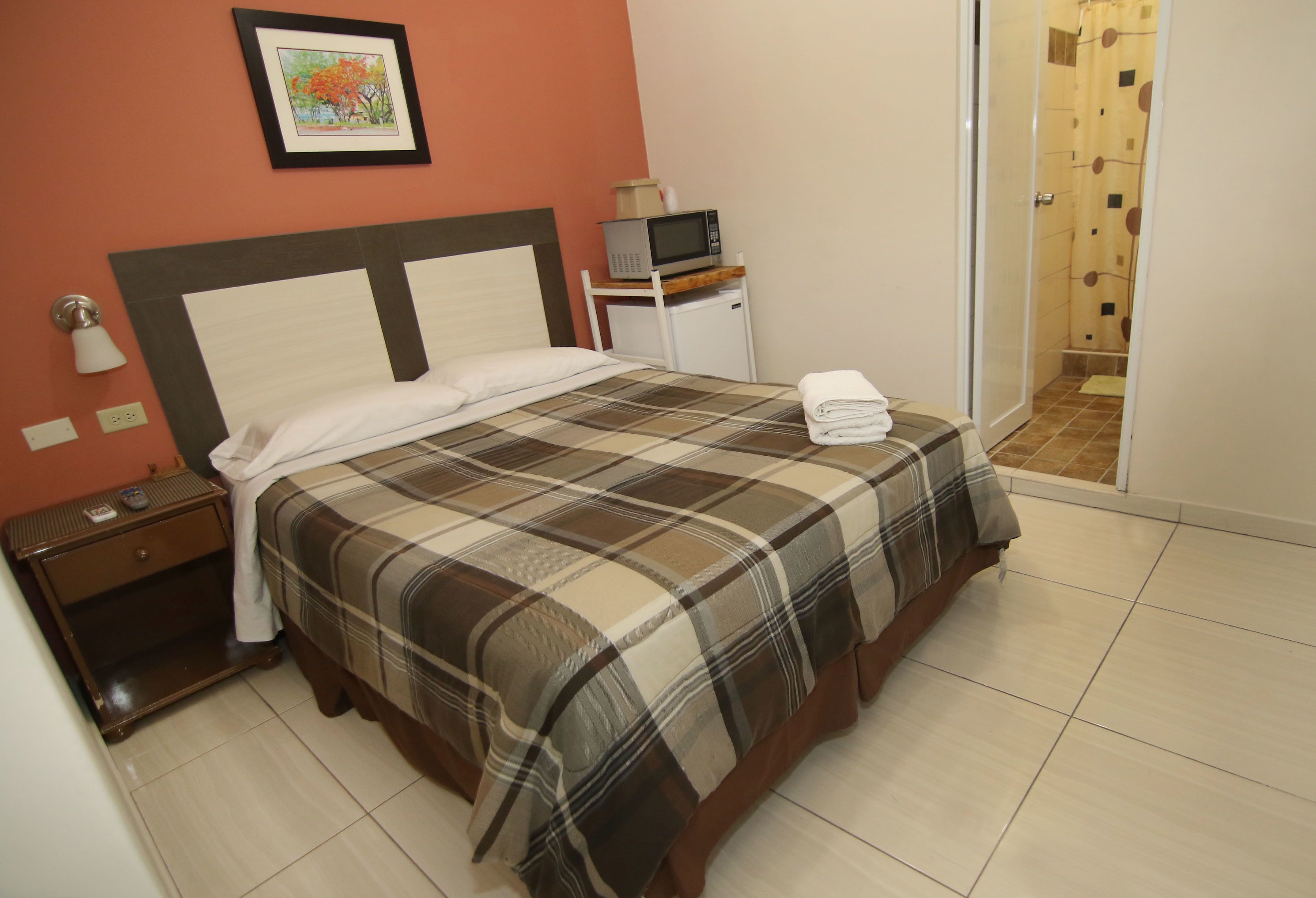 A neatly made bed with a plaid bedspread, a bedside table with a lamp, a microwave on a small cabinet, and a framed picture on the wall.
