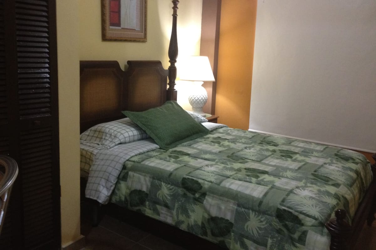 A bedroom with a wooden headboard, a green floral bedspread, a checkered pillow, and a bedside lamp.