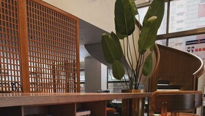 Een receptiegedeelte met een houten balie, een bank, een grote plant en een boekenkast met boeken.