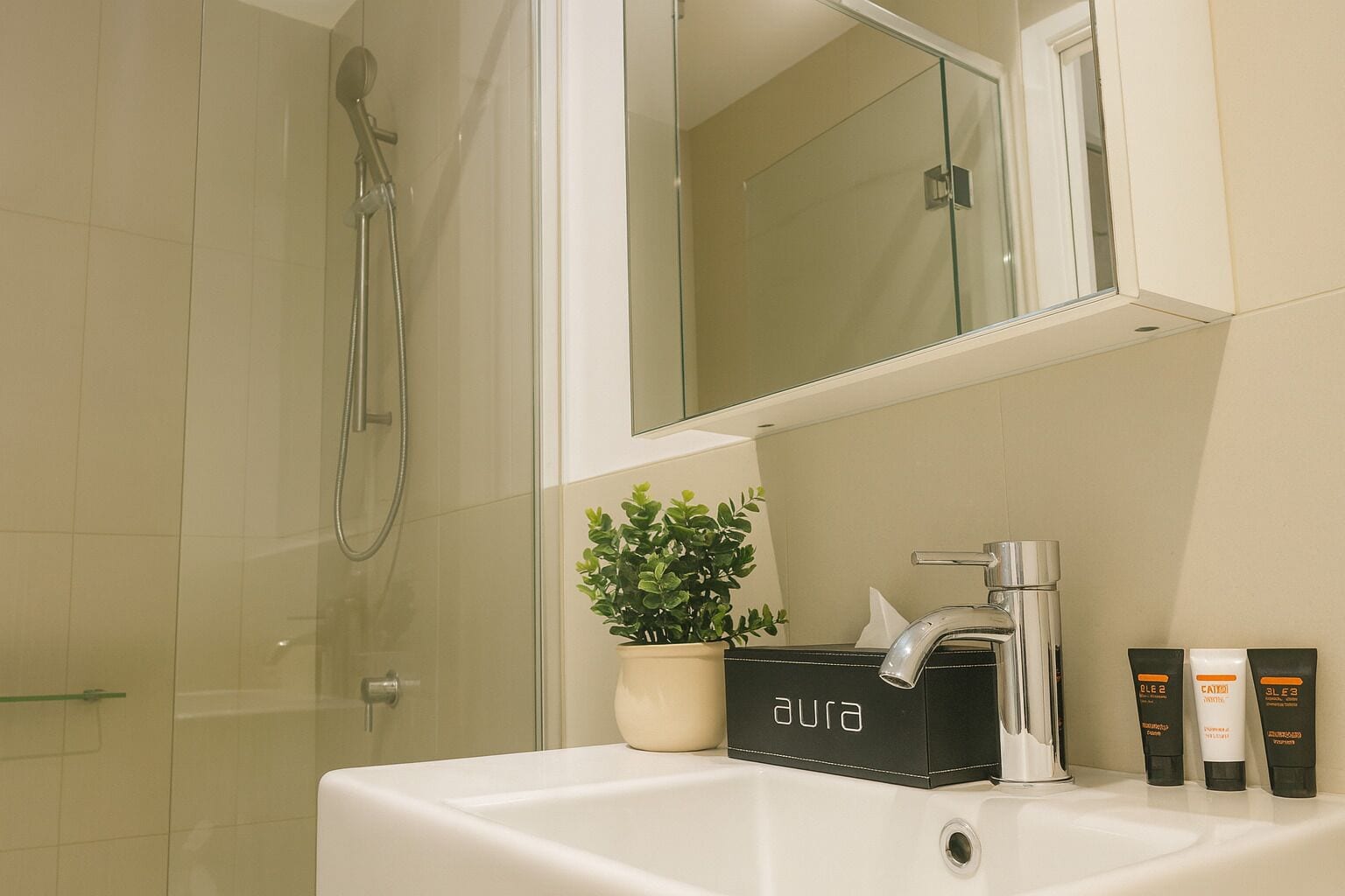 Une salle de bain avec une douche à parois de verre, un lavabo blanc, une plante en pot et des articles de toilette posés sur le comptoir.