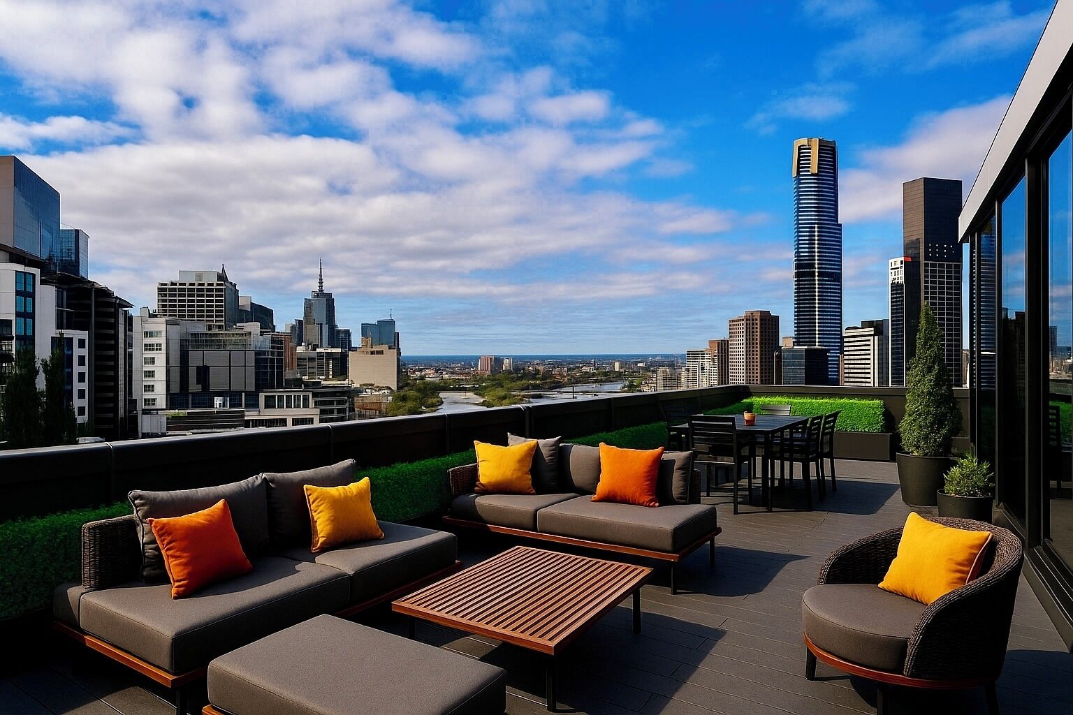 Une terrasse sur le toit avec des sièges extérieurs, une vue sur les toits de la ville et des bâtiments modernes.