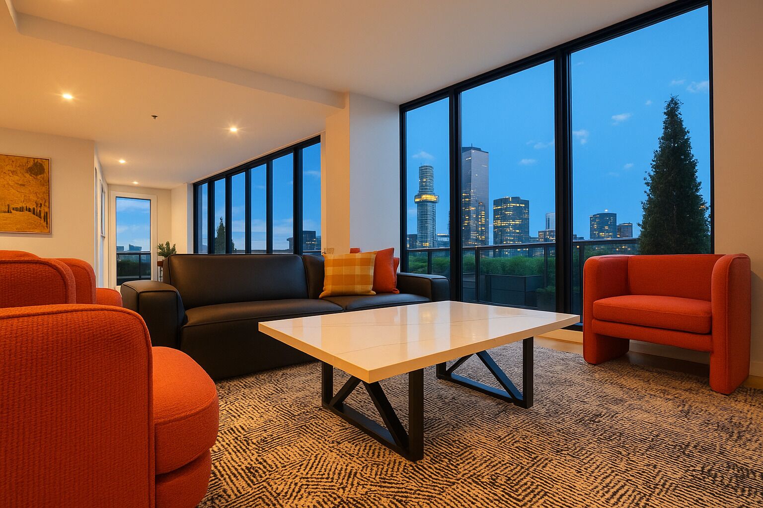 A modern living room with a large window, a black sofa, orange armchairs, and a wooden coffee table.