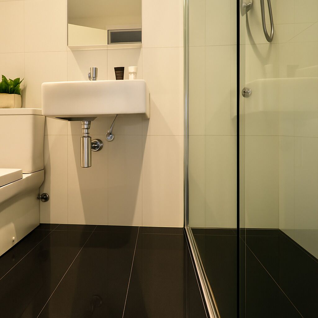 Un baño moderno con lavamanos blanco, inodoro y cabina de ducha de vidrio.