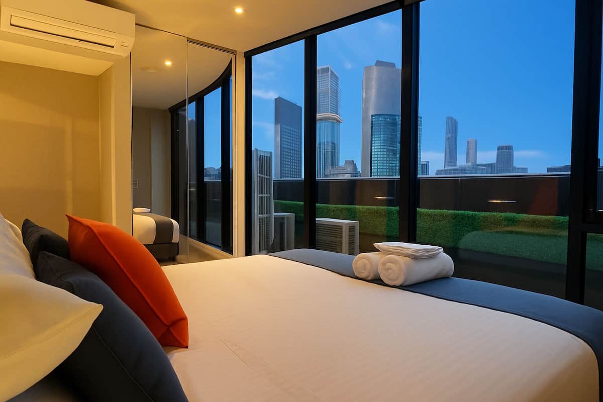1 bedroom, desk, laptop workspace, blackout curtains