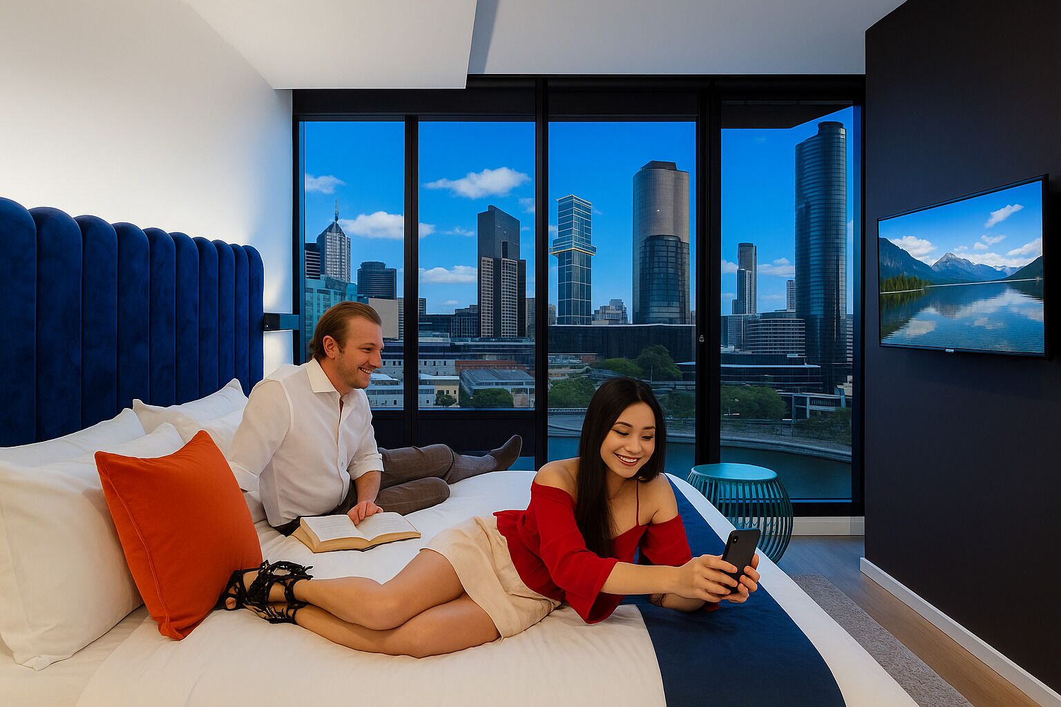 Ein modernes Hotelzimmer mit einem großen Bett, Blick auf die Stadt und einem Fernseher an der Wand.