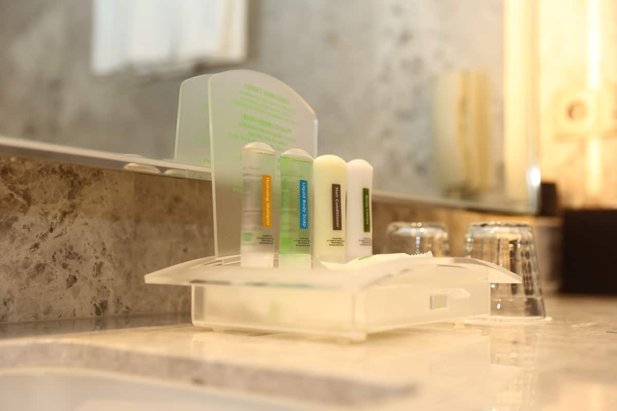 Free toiletries, hair dryer, bathrobes, slippers