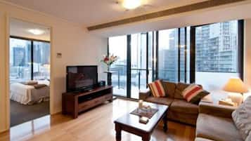 32-inch flat-screen TV with cable channels, TV, DVD player