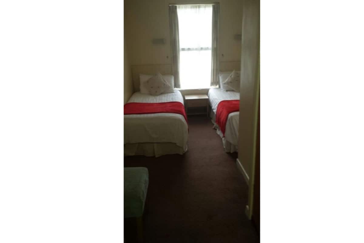 Een kamer met twee bedden, een raam en een vloerbedekking.