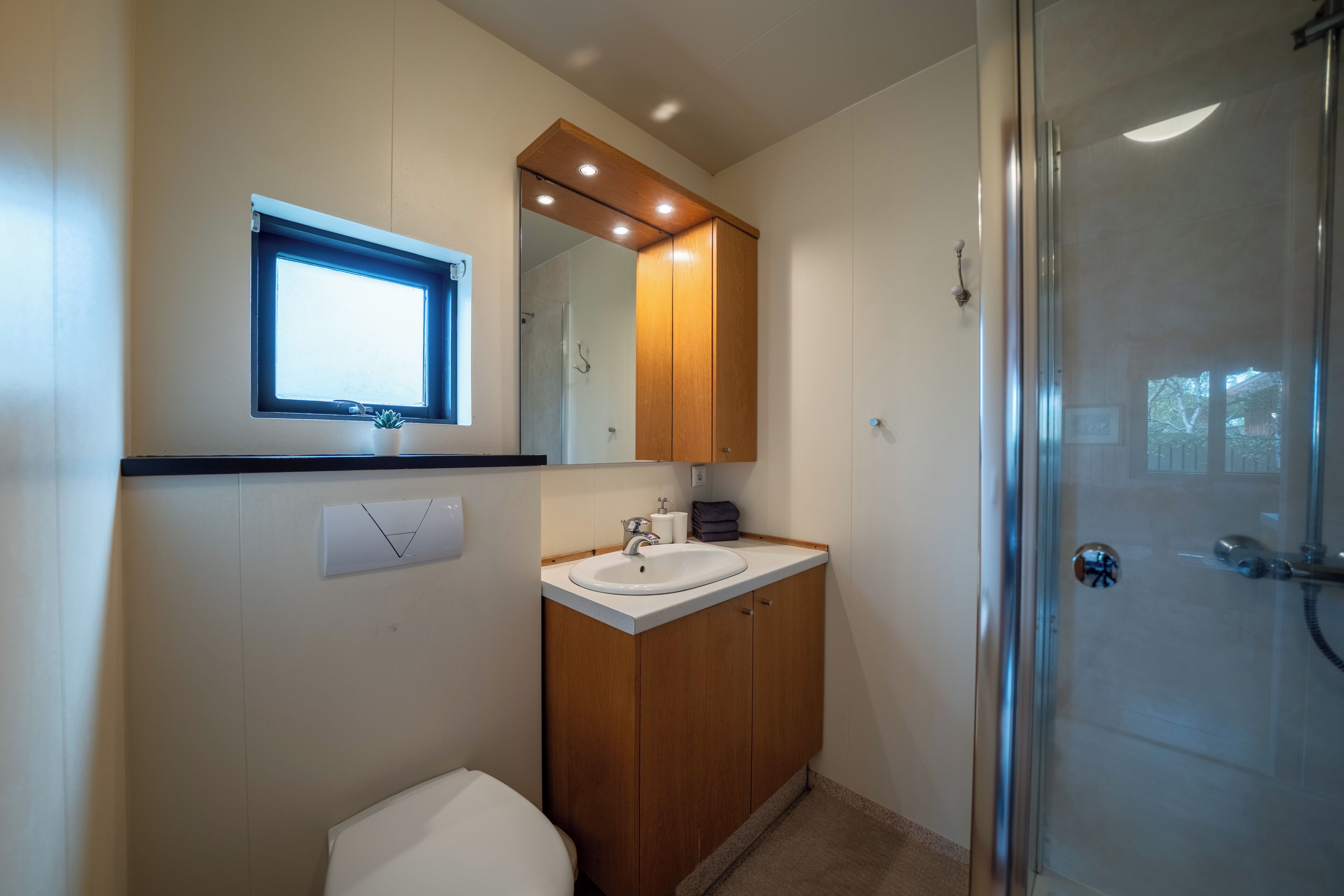 A bathroom with a shower, a sink, a toilet, a window, and wooden cabinets.