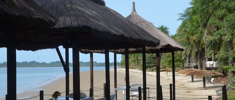 Private beach, beach umbrellas, beach towels, fishing