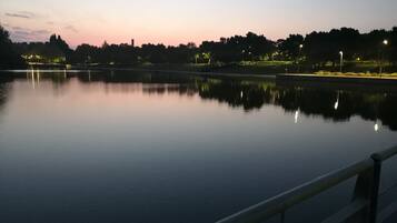 A calm lake at dusk with a clear sky, a distant shoreline with trees, and a railing in the foreground.