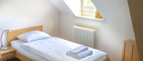 A single bed with white linens, a bedside table with a lamp, a window with a view of greenery, and a radiator.