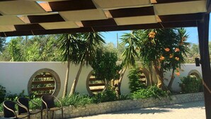 A covered outdoor area with a patterned ceiling, stone wall, and potted plants. - Millenium Studios (Rhodes)