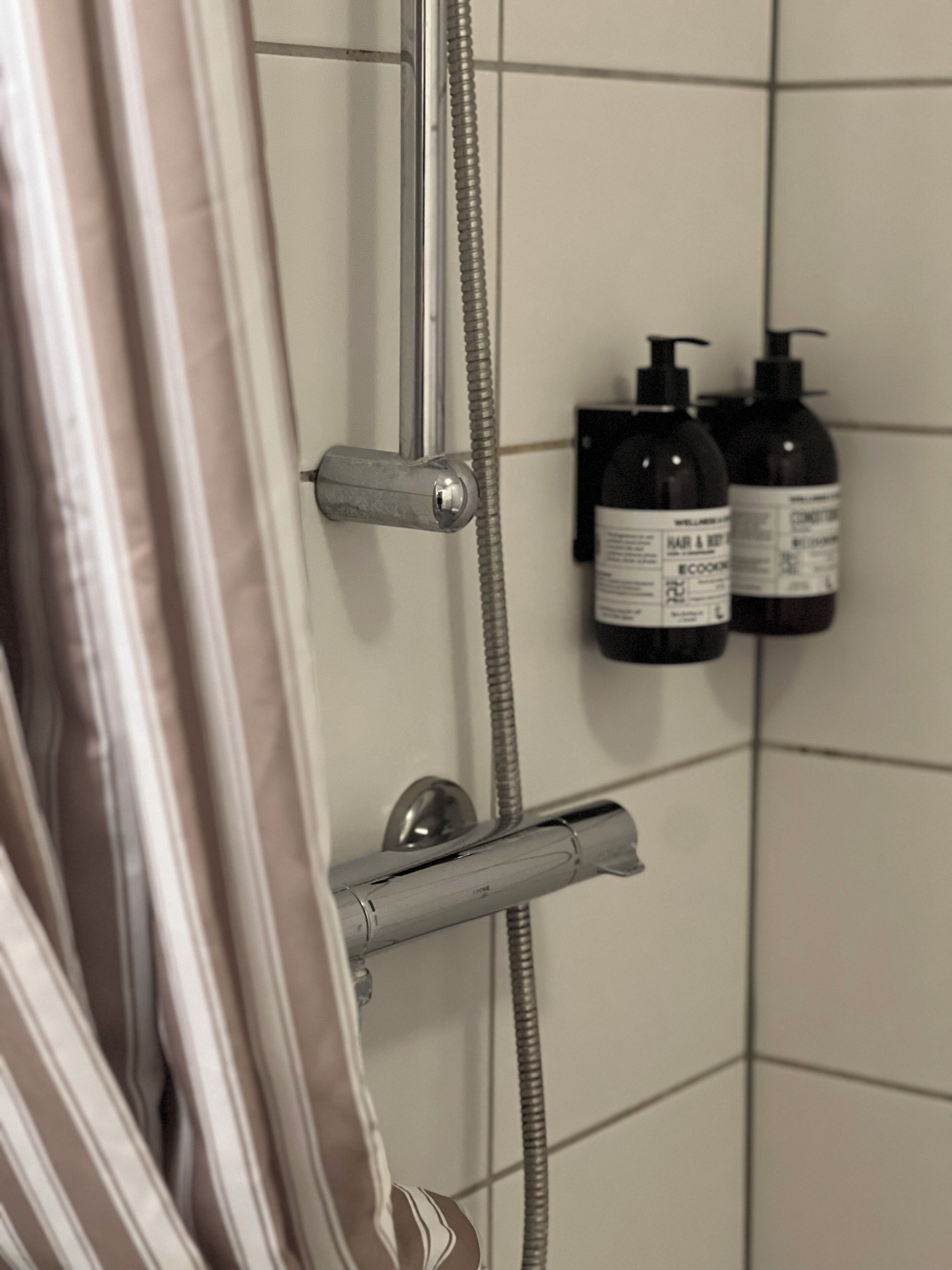 Een douche met een handdouche en een bedieningskraan aan de muur. Twee flessen shampoo en douchegel hangen aan de wand.