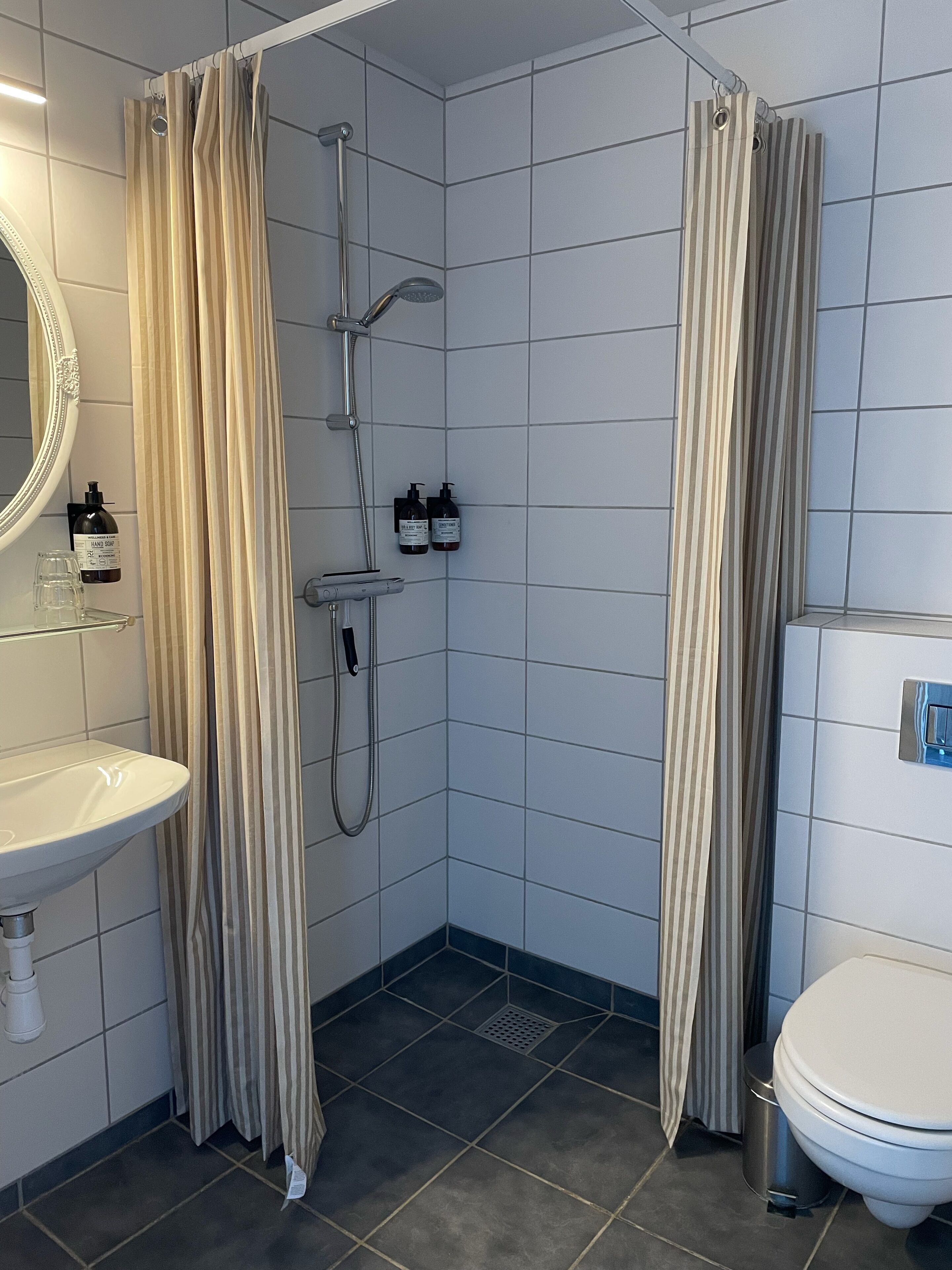 Un baño con ducha, inodoro, lavabo y espejo.
