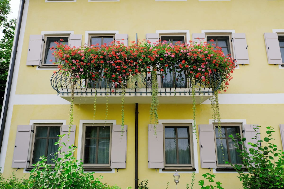 Un edificio con varias ventanas, algunas con contraventanas, y un balcón con plantas colgantes.