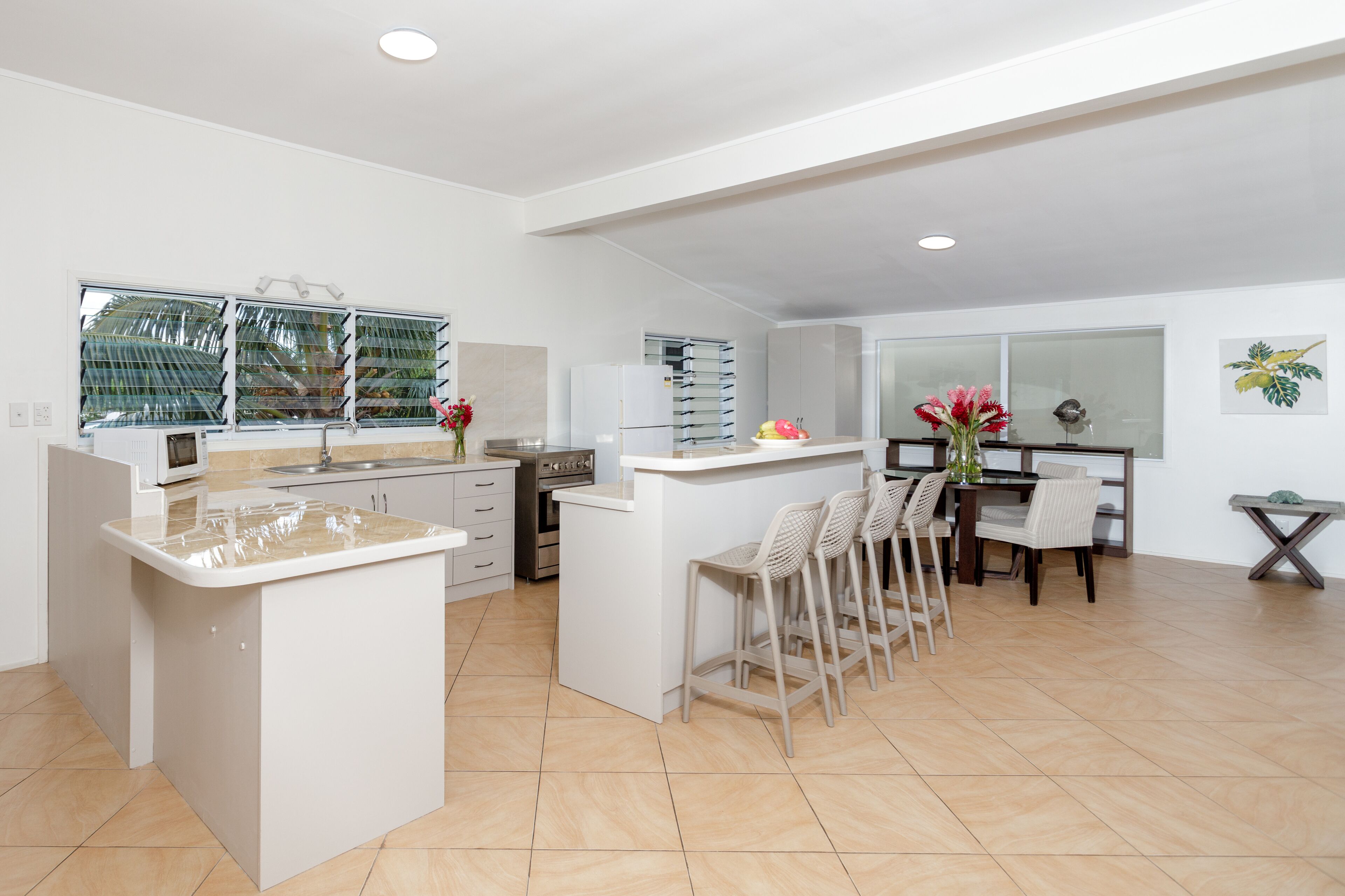 3 bedroom beachfront apartment | private kitchen | full-sized fridge, microwave, stovetop, coffee/tea maker