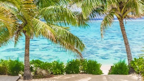 Una playa con aguas turquesas cristalinas, palmeras y abundante vegetación.