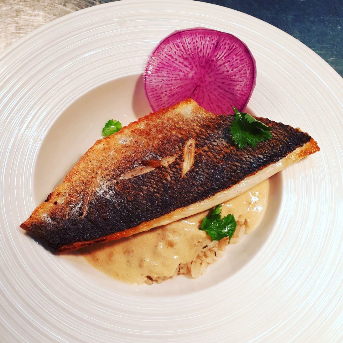 Um prato com peixe grelhado, uma fatia de rabanete e um molho cremoso.