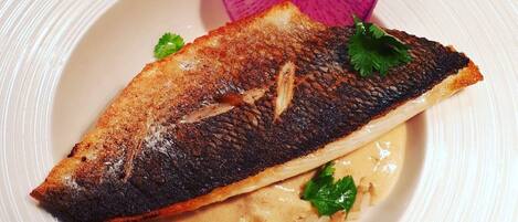 Um prato com peixe grelhado, uma fatia de rabanete e um molho cremoso.