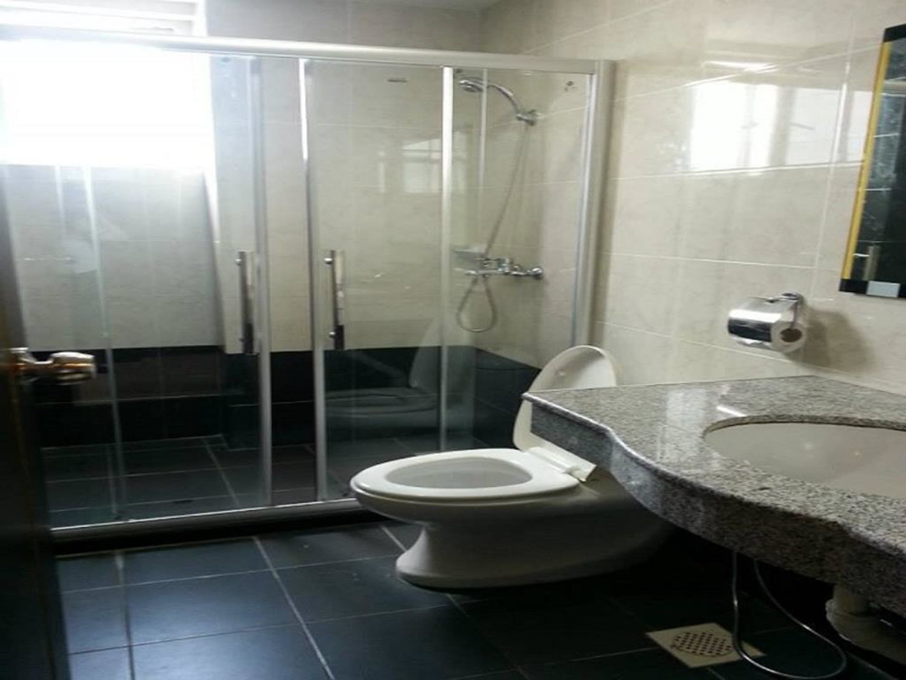 A bathroom with a glass-enclosed shower, a toilet, and a granite countertop.