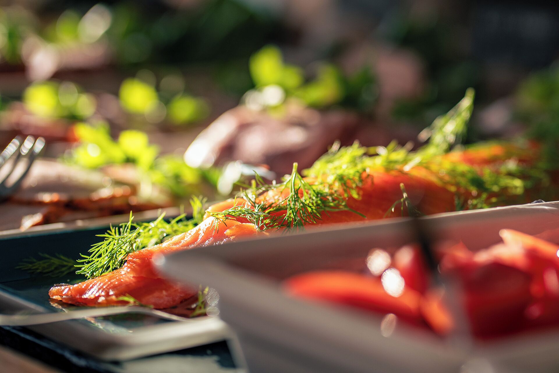 Une table dressée avec différents plats, dont du saumon garni d’herbes.