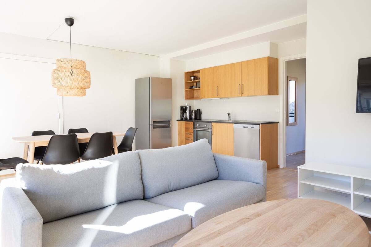 A modern living room with a grey sofa, a dining table with chairs, a kitchen with wooden cabinets, and a hanging light fixture.