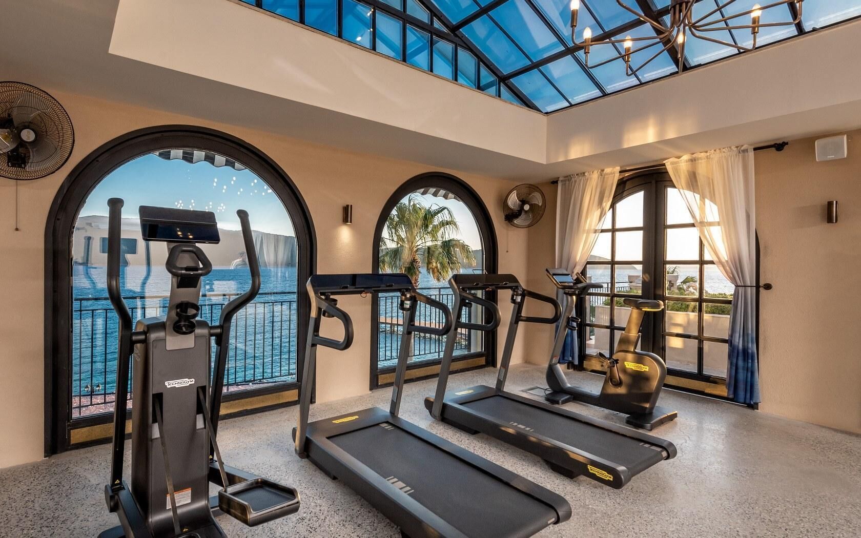 Un gimnasio con cintas de correr y equipo de ejercicio, ventanas amplias con vistas al océano y un techo alto con tragaluces.