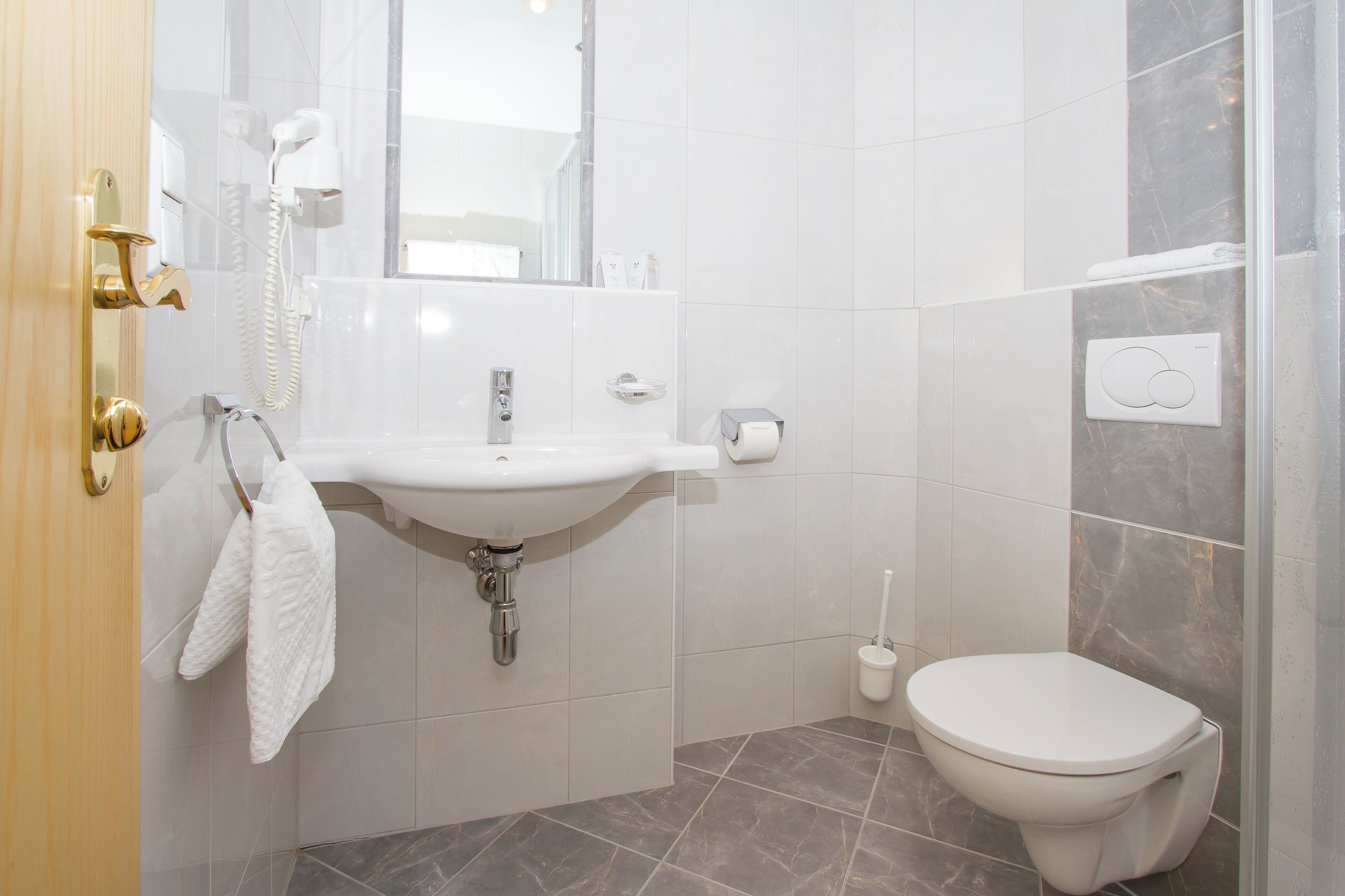 free toiletries, hair dryer, towels