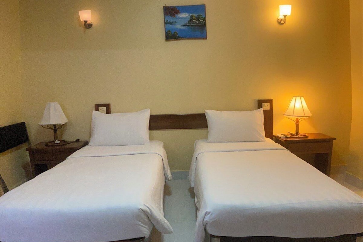 Een hotelkamer met twee eenpersoonsbedden, een nachtkastje met een lamp, een aan de muur hangend schilderij en twee wandlampen.
