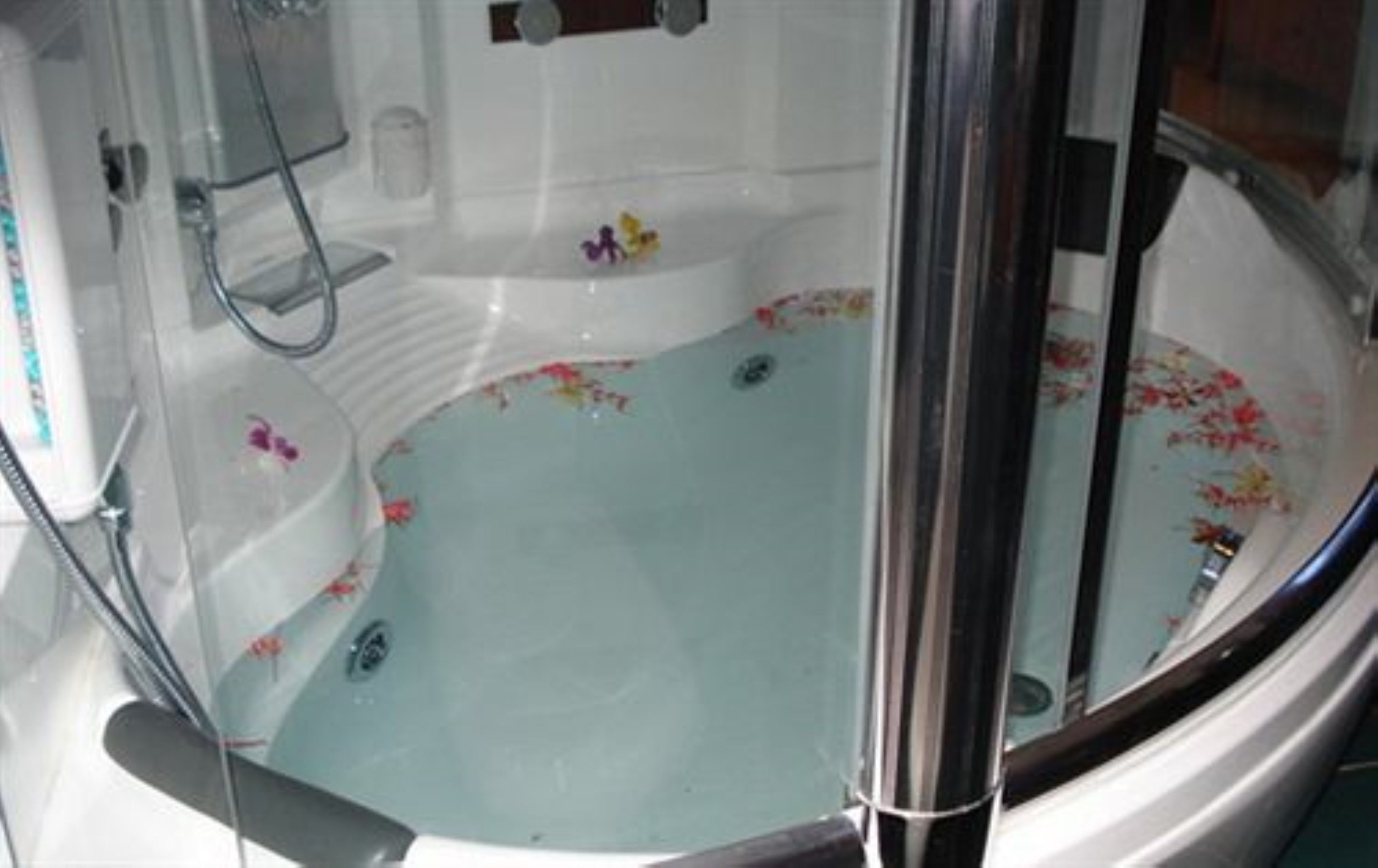 Una vasca da bagno con motivi floreali e una zona doccia.