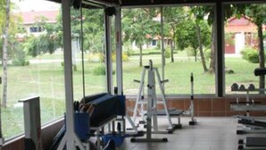 Een overdekte gymzaal met fitnessapparatuur, grote ramen en uitzicht op een groen landschap.