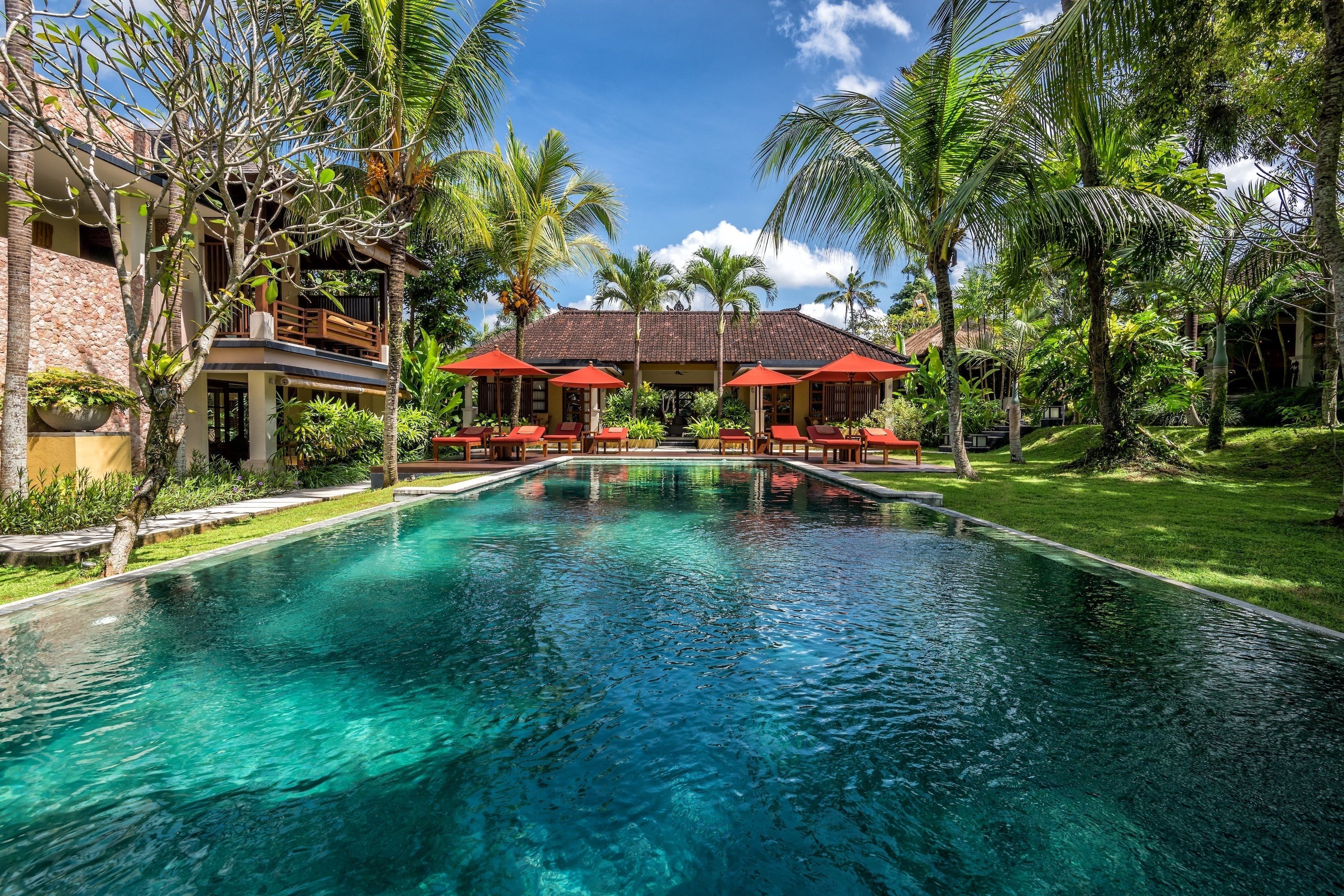 حمّام سباحة خارجي، مظلات على حمّام السباحة، مقاعد للتشمس