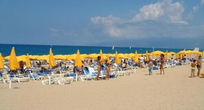 Privat strand, solsenger, parasoller og sandvolleyball