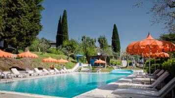 Seasonal outdoor pool, pool umbrellas, pool loungers