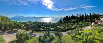 Un paisaje costero con vista al mar y montañas, rodeado de vegetación y árboles.