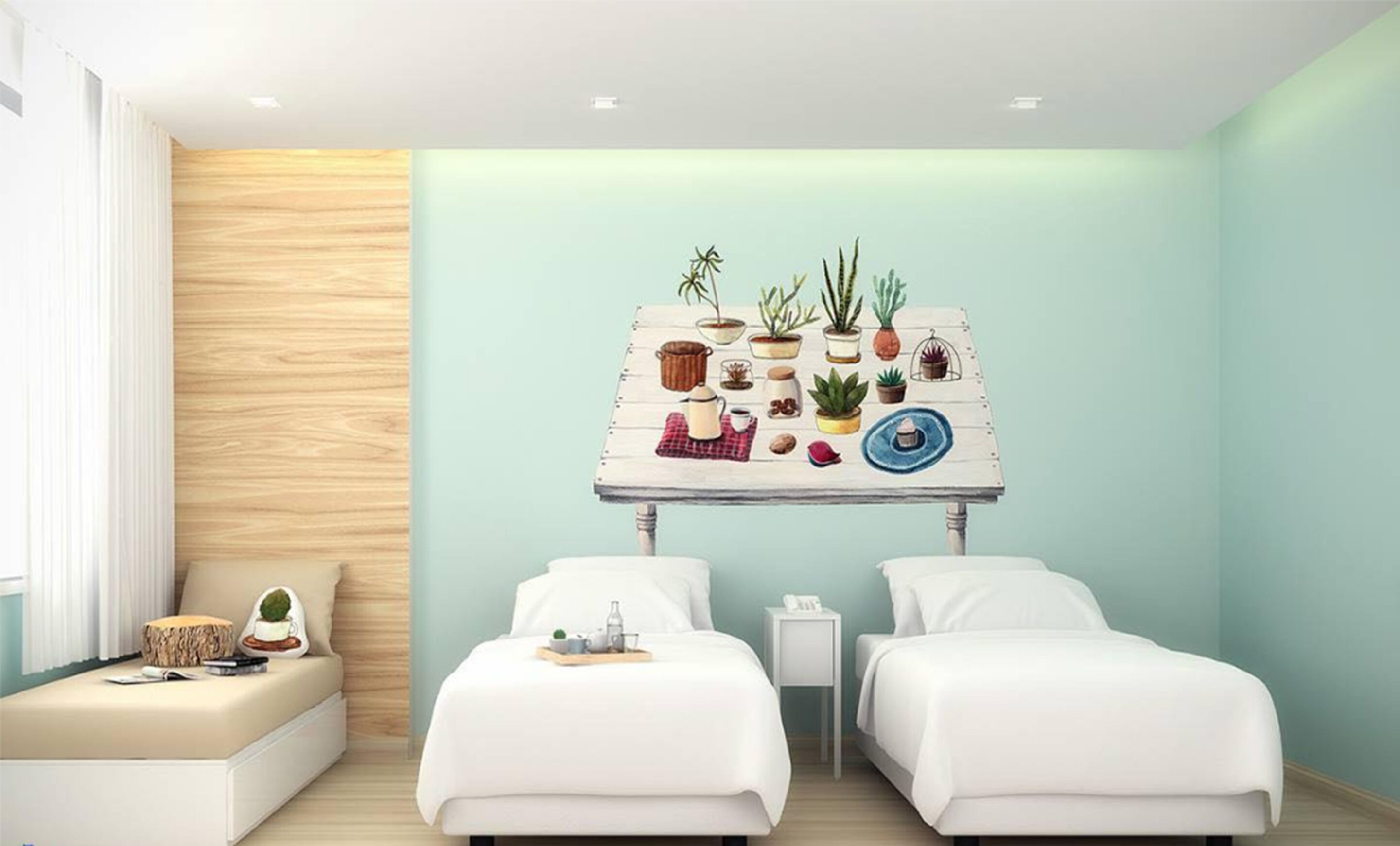 A modern hotel room with two beds, a wooden accent wall, and a wall-mounted plant display.