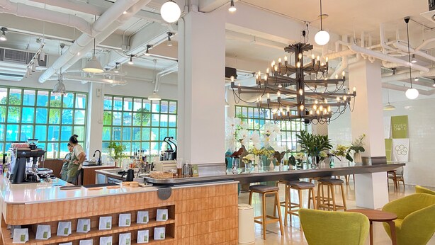 A modern cafe with a wooden counter, bar stools, and a variety of plants. - Beat Hotel Bangkok (Bangkok)