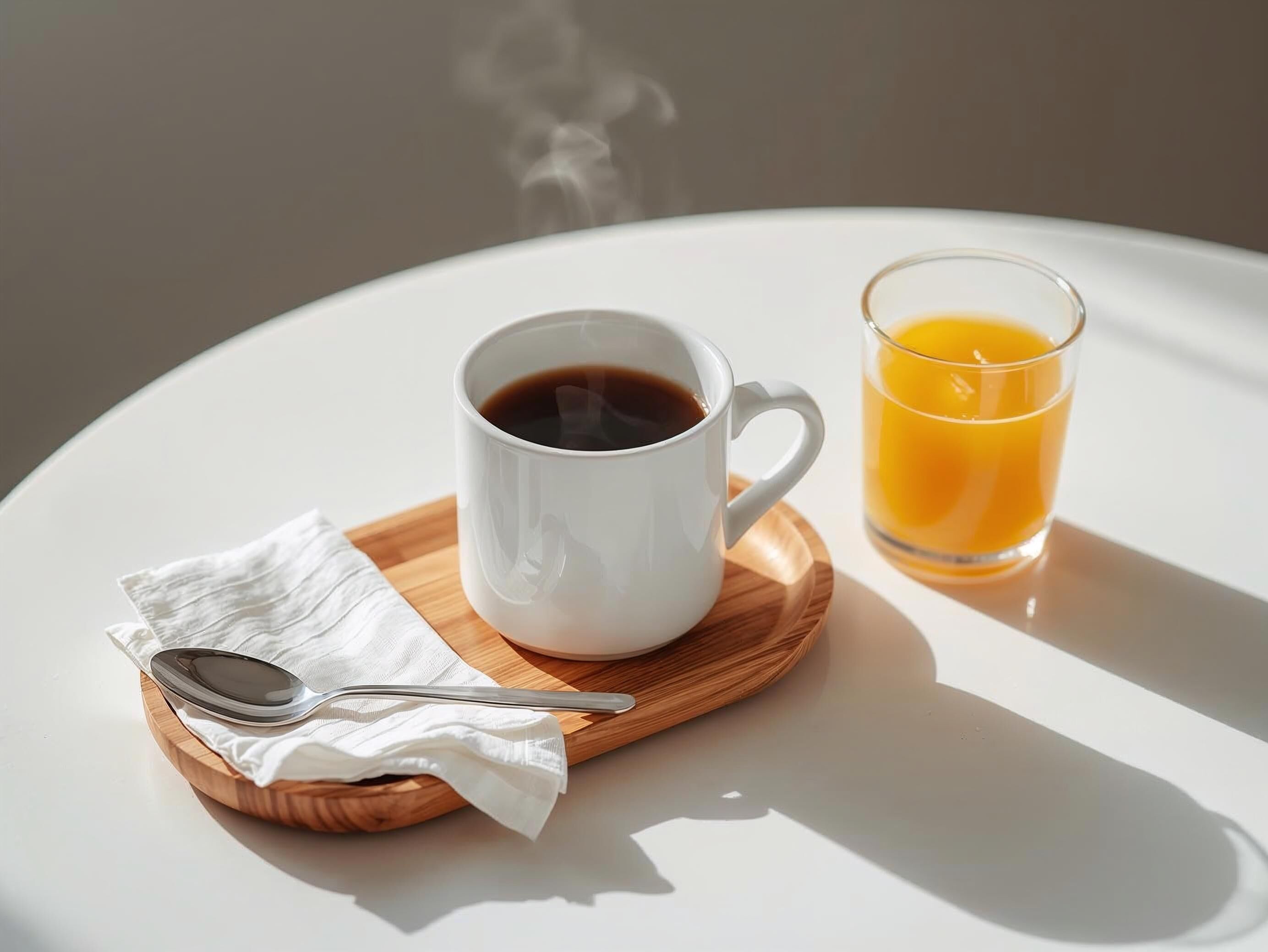 Una taza de café blanco y un vaso de jugo de naranja sobre un posavasos de madera en una mesa blanca.