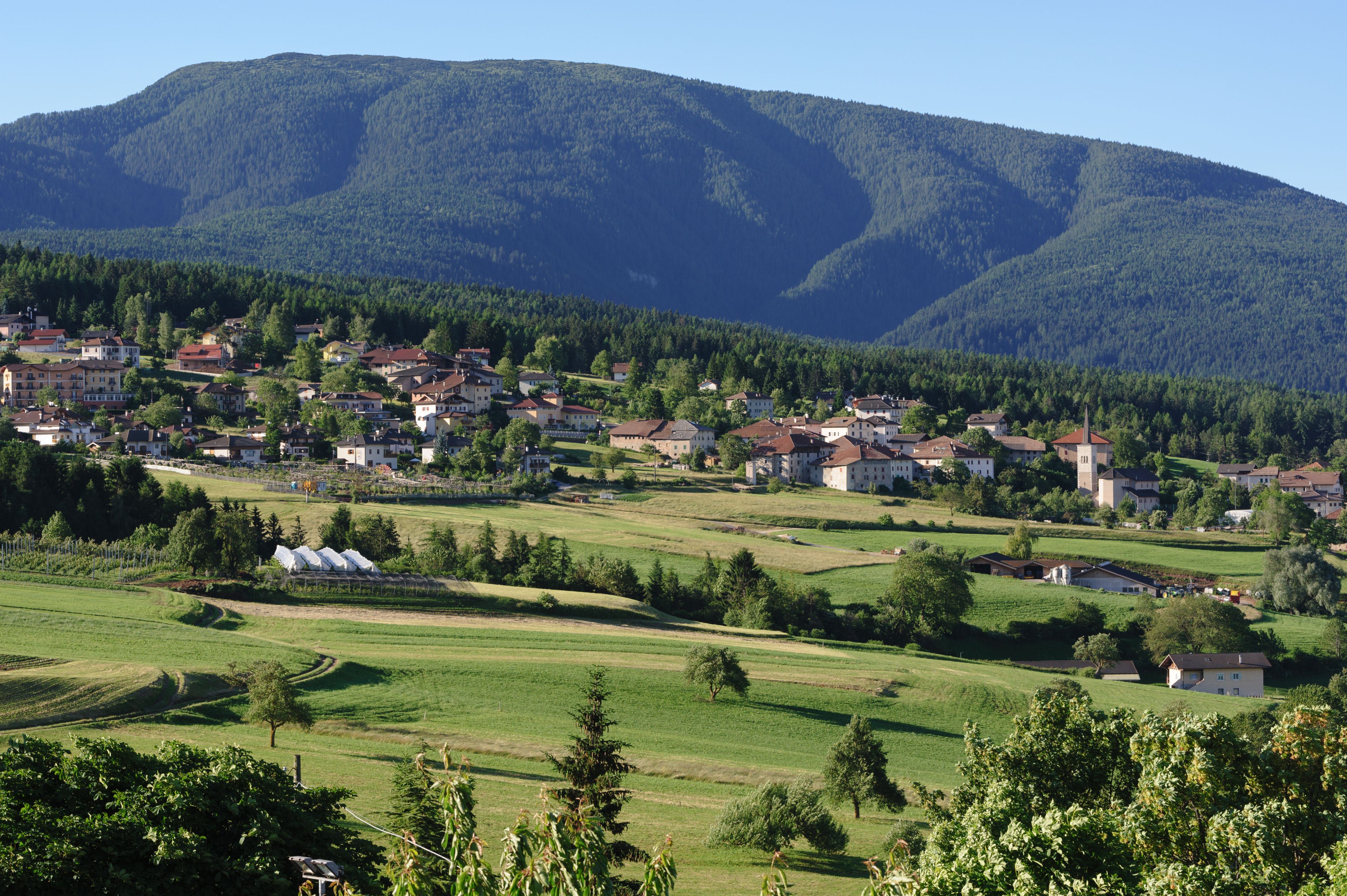 A rural village with houses and a church, surrounded by green fields and mountains.