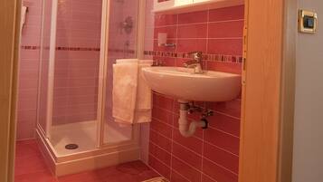 Un baño con ducha separada por vidrio, un lavamanos y un espejo.