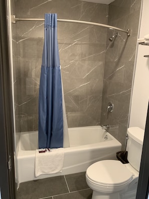 A bathroom with a bathtub, shower, and toilet.