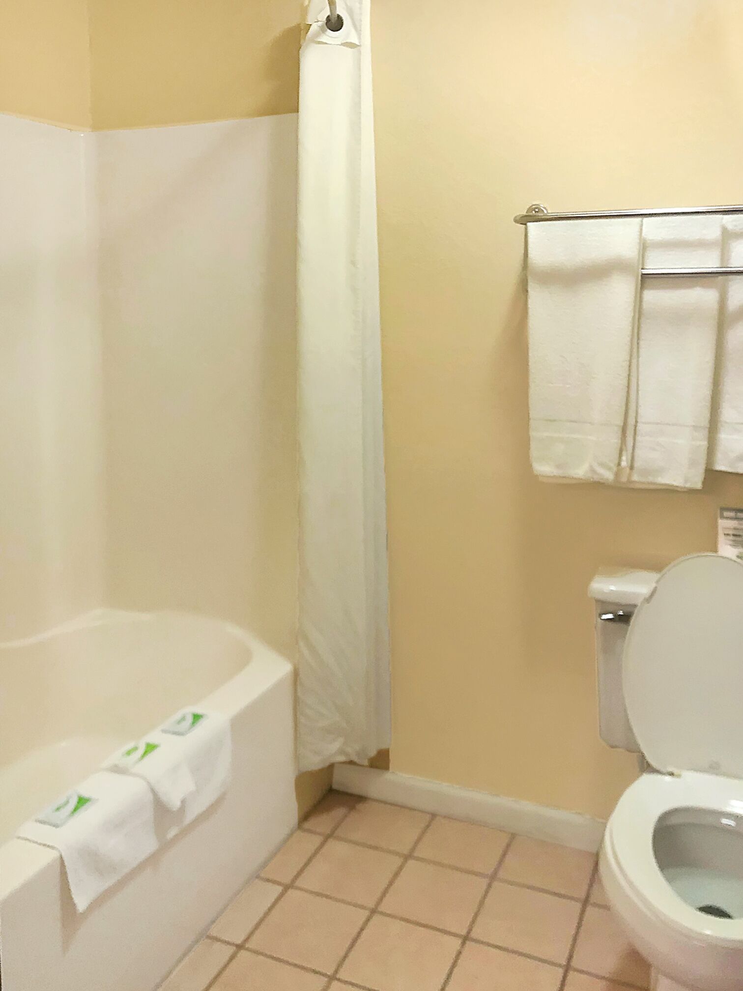 A bathroom with a bathtub, toilet, and shower curtain.